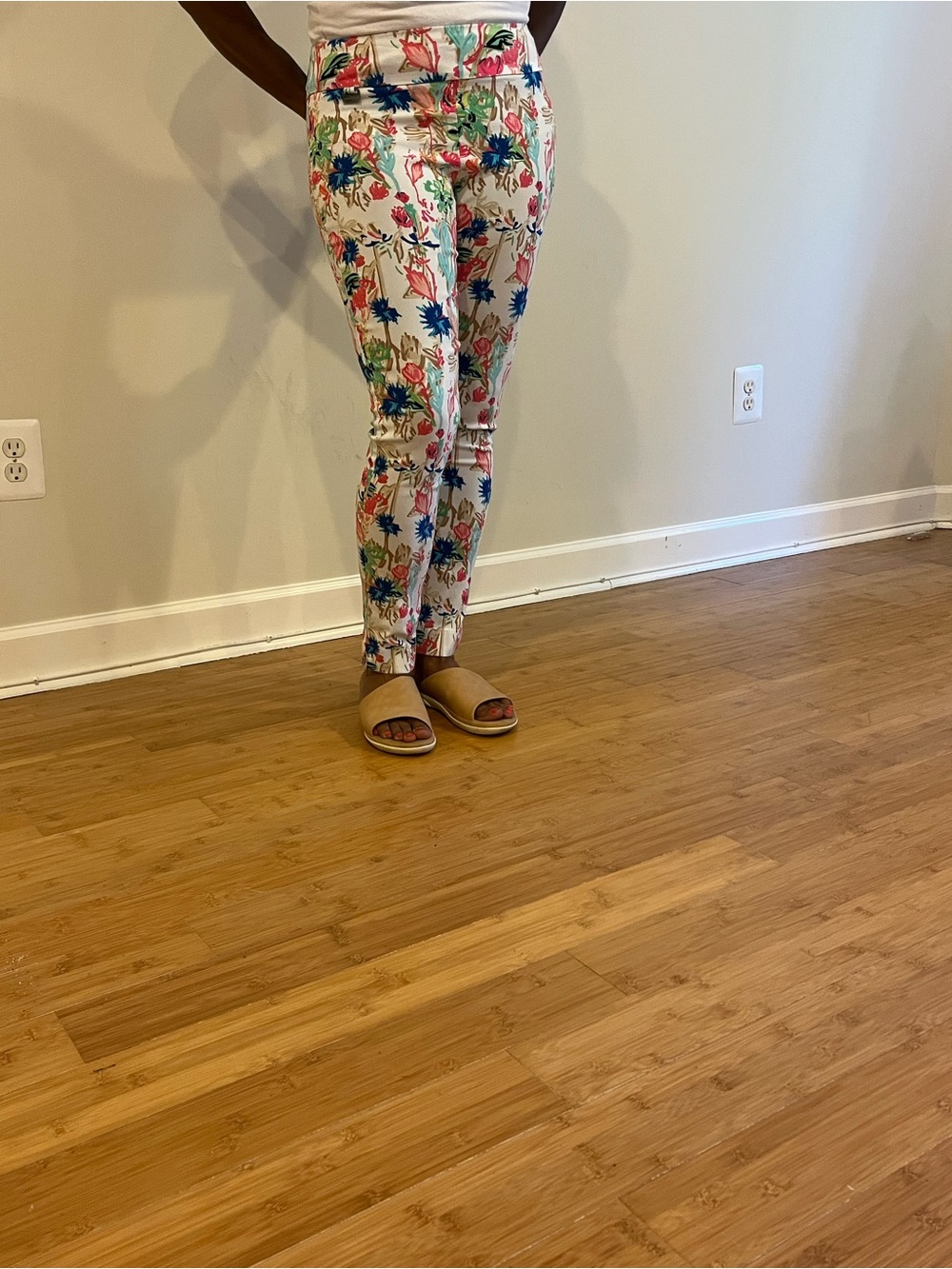 Peck & Peck White Floral Slim Pants with Blue, Pink and Green Print